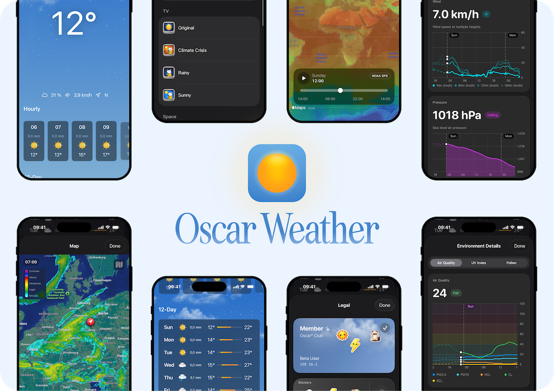 Oscar Weather shown across forecast, radar, map, environment, and settings screens